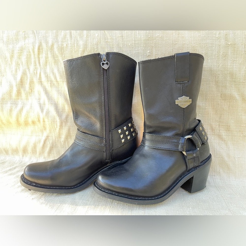 Harley Davidson women’s black leather moto heel boots Sz 7.5